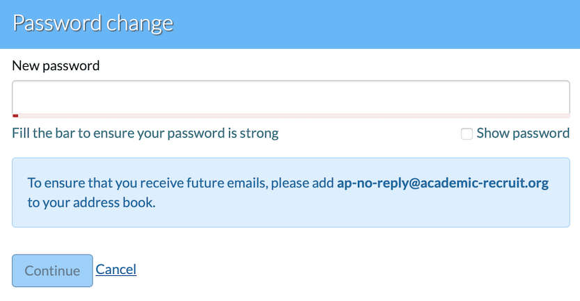 Password reset form displaying password complexity meter